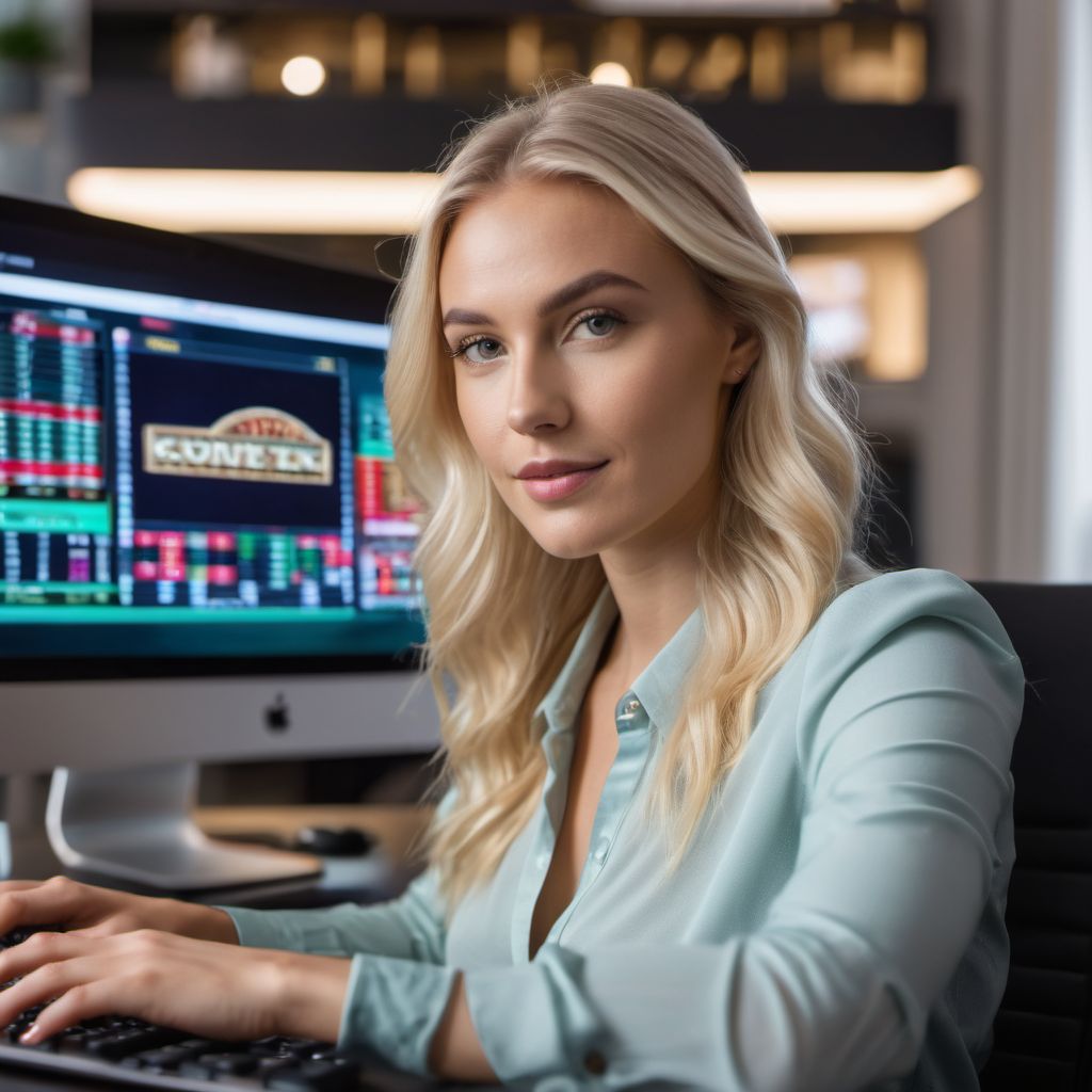woman blonde hair blue office dress surfing an online casino