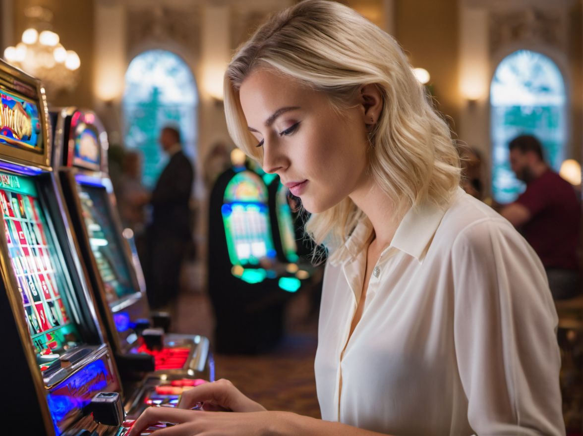 woman in white dress playing a slot machine