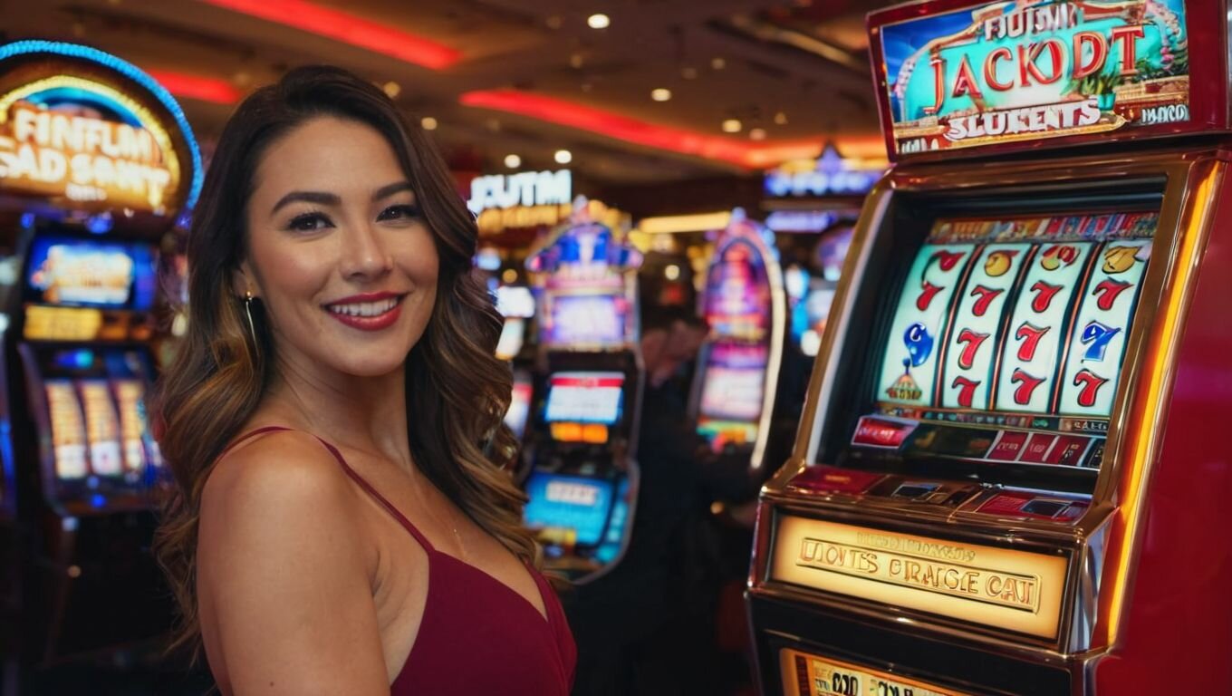A happy woman playing a slot machine